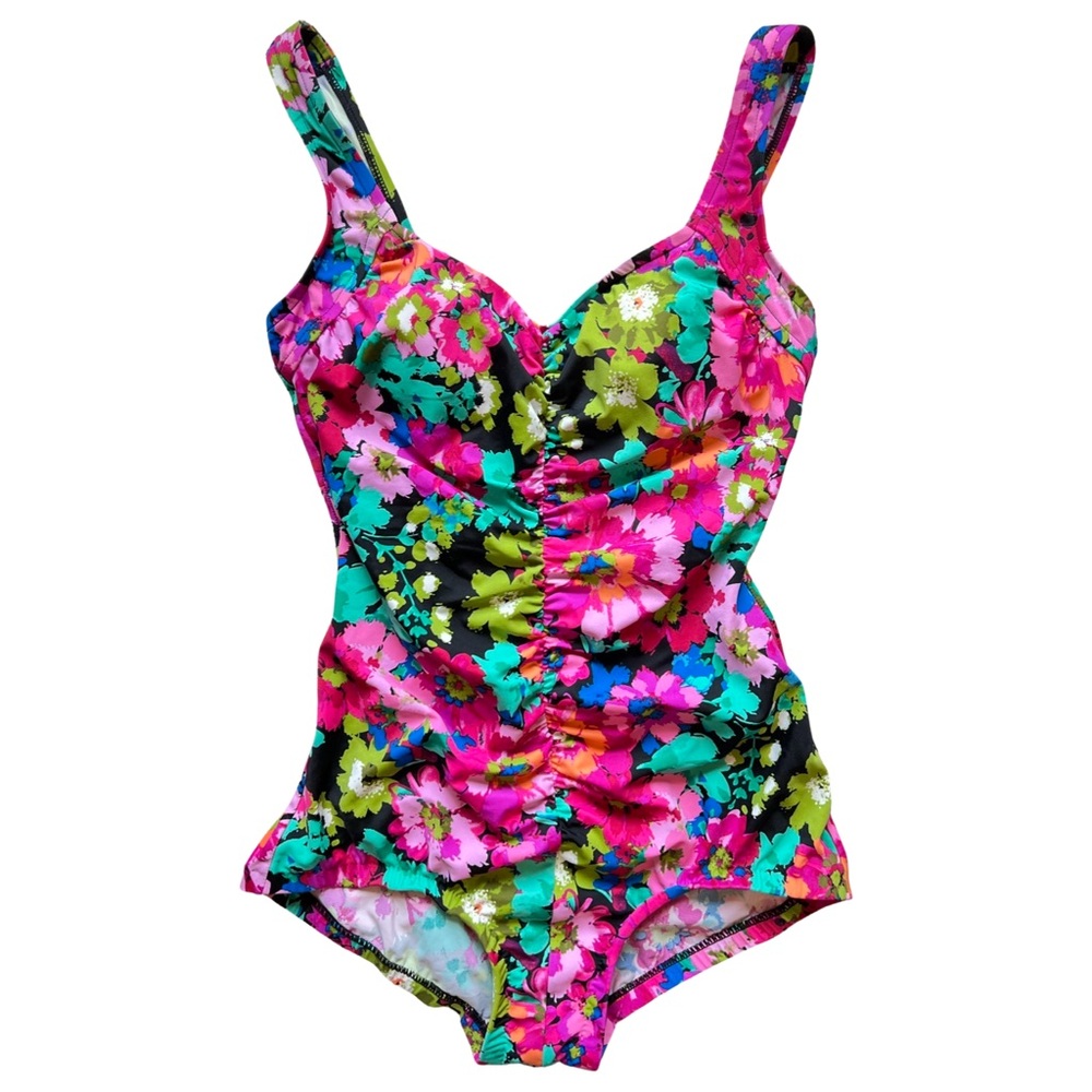 Rose Marie Reid Floral Swimsuit 8 One Piece Sweetheart Neckline Ruching MM4XB20R